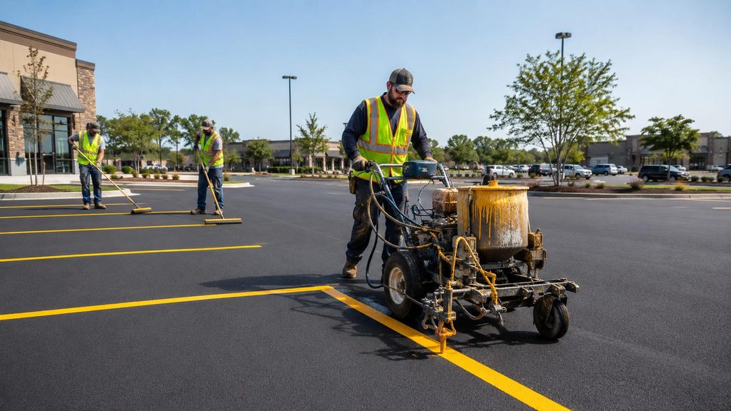 Parking lot painting services in Dubai featuring fresh parking bay lines and organized markings for commercial properties.